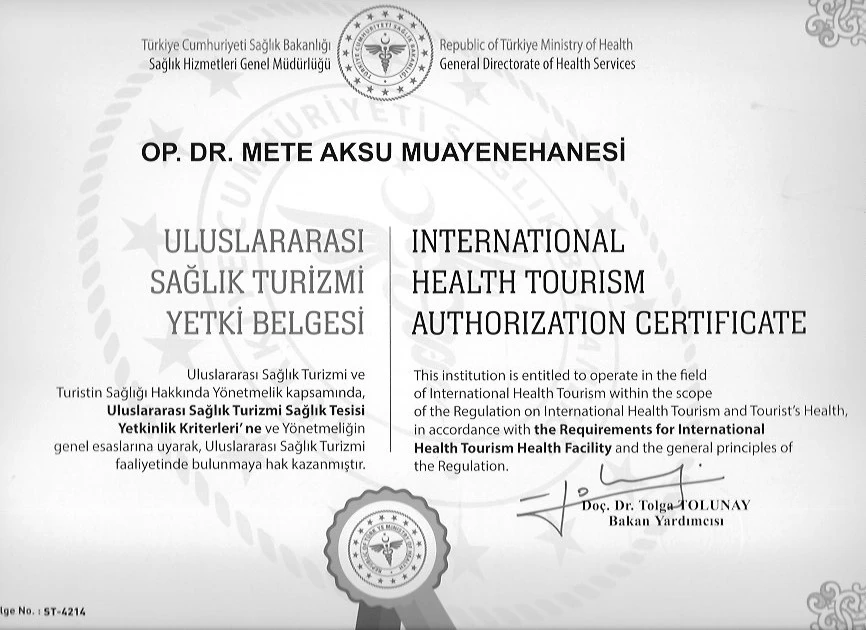 Mete Aksu international health tourism authorization certificate